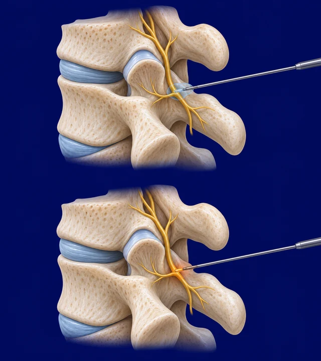 Two close-up views of a nerve beside a spinal joint: above, a needle places numbing medicine; below, a radiofrequency needle applies a small point of heat.
